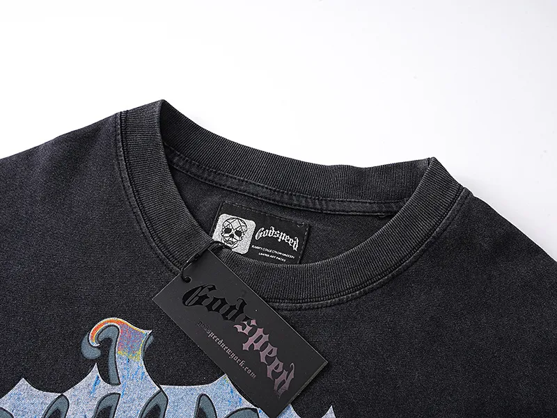 1155# P170 Washed black Real shot Godspeed American fashion street retro washed and distressed fake two-piece pure cotton long T Fabric: 270g 32 count fine cotton double yarn pure cotton Color: Washed black Size: S M L XL