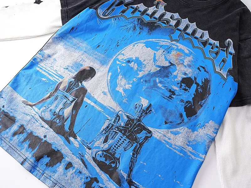 1155# P170 Washed black Real shot Godspeed American fashion street retro washed and distressed fake two-piece pure cotton long T Fabric: 270g 32 count fine cotton double yarn pure cotton Color: Washed black Size: S M L XL