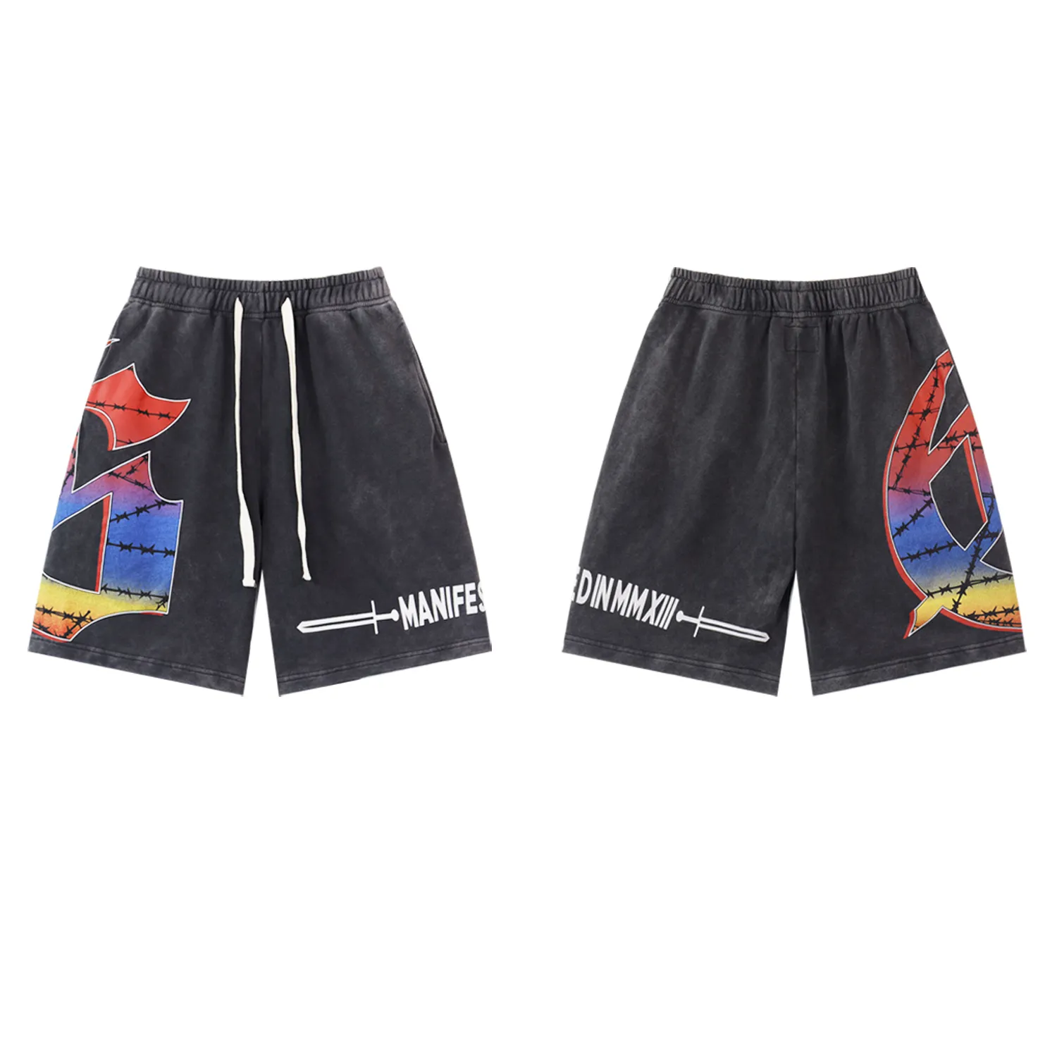 💰150 Style No.: BR 8775 Fabric: 380g washed, real shot, beautiful and fashionable Godspeed printed high-quality double yarn casual fashion brand washed distressed shorts Color; wash black, wash blue, wash pink Size: S M L XL