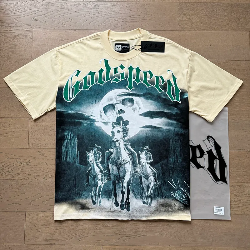 3038# P110 Real shot Godspeed American fashion rock street retro loose printed cotton short sleeves Fabric: 240g 32 count fine cotton double yarn pure cotton Color: apricot Size: S M L XL