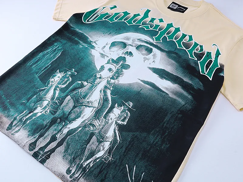 3038# P110 Real shot Godspeed American fashion rock street retro loose printed cotton short sleeves Fabric: 240g 32 count fine cotton double yarn pure cotton Color: apricot Size: S M L XL
