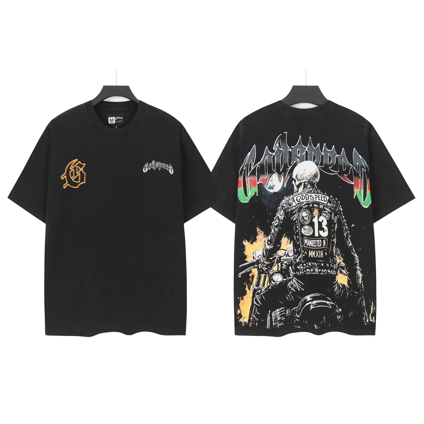 6107# washed black I P116 Godspeed cross-border American rock and roll street washed retro style short-sleeved T (process printing) fabric (fabric): washed black, blue: 32 count combed double yarn 250 grams weight code number (size): S-M-L-XL color (colour): washed black,
