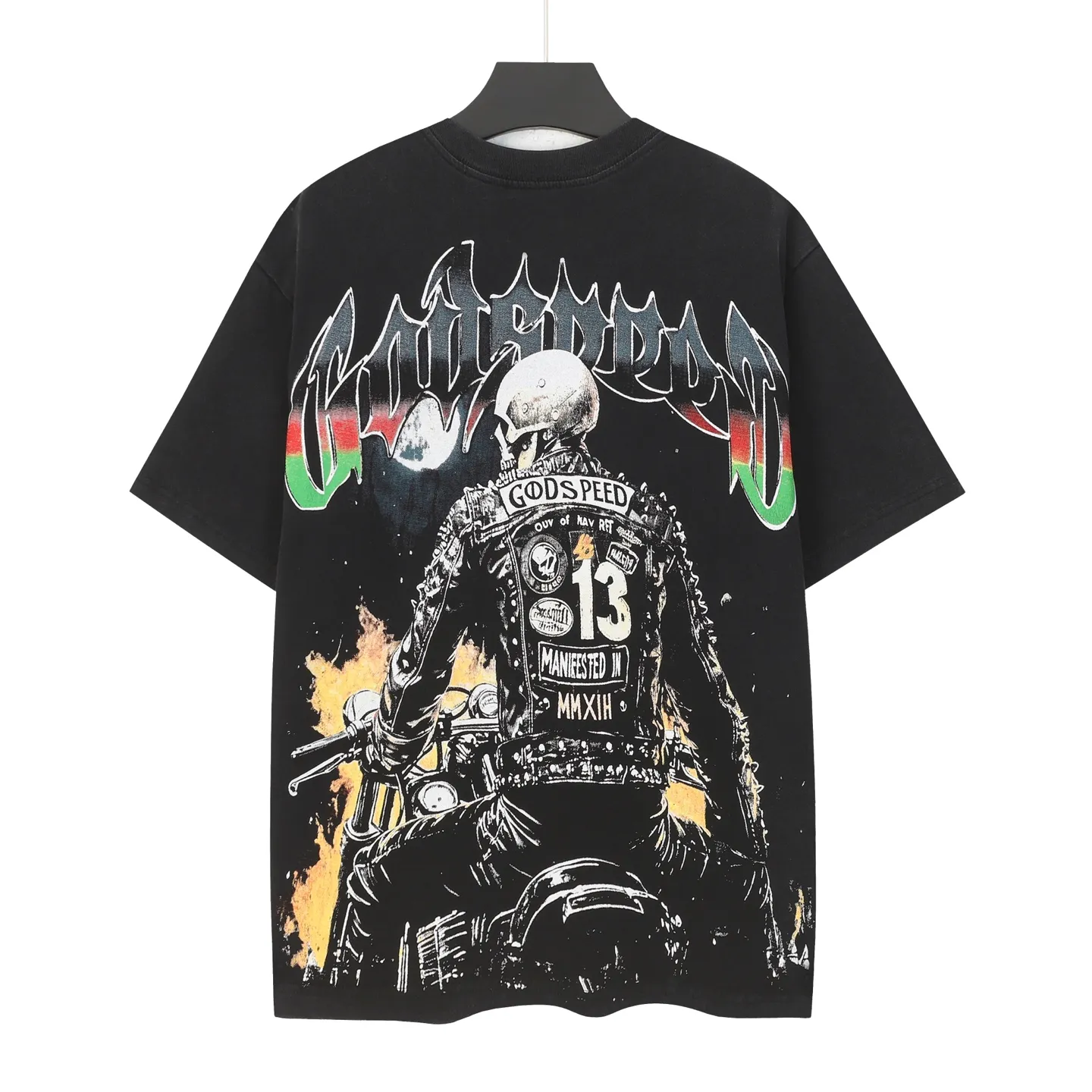 6107# washed black I P116 Godspeed cross-border American rock and roll street washed retro style short-sleeved T (process printing) fabric (fabric): washed black, blue: 32 count combed double yarn 250 grams weight code number (size): S-M-L-XL color (colour): washed black,