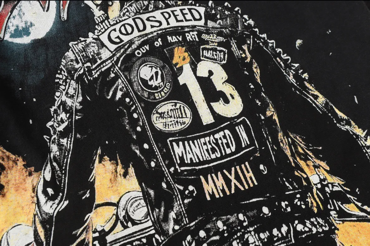 6107# washed black I P116 Godspeed cross-border American rock and roll street washed retro style short-sleeved T (process printing) fabric (fabric): washed black, blue: 32 count combed double yarn 250 grams weight code number (size): S-M-L-XL color (colour): washed black,