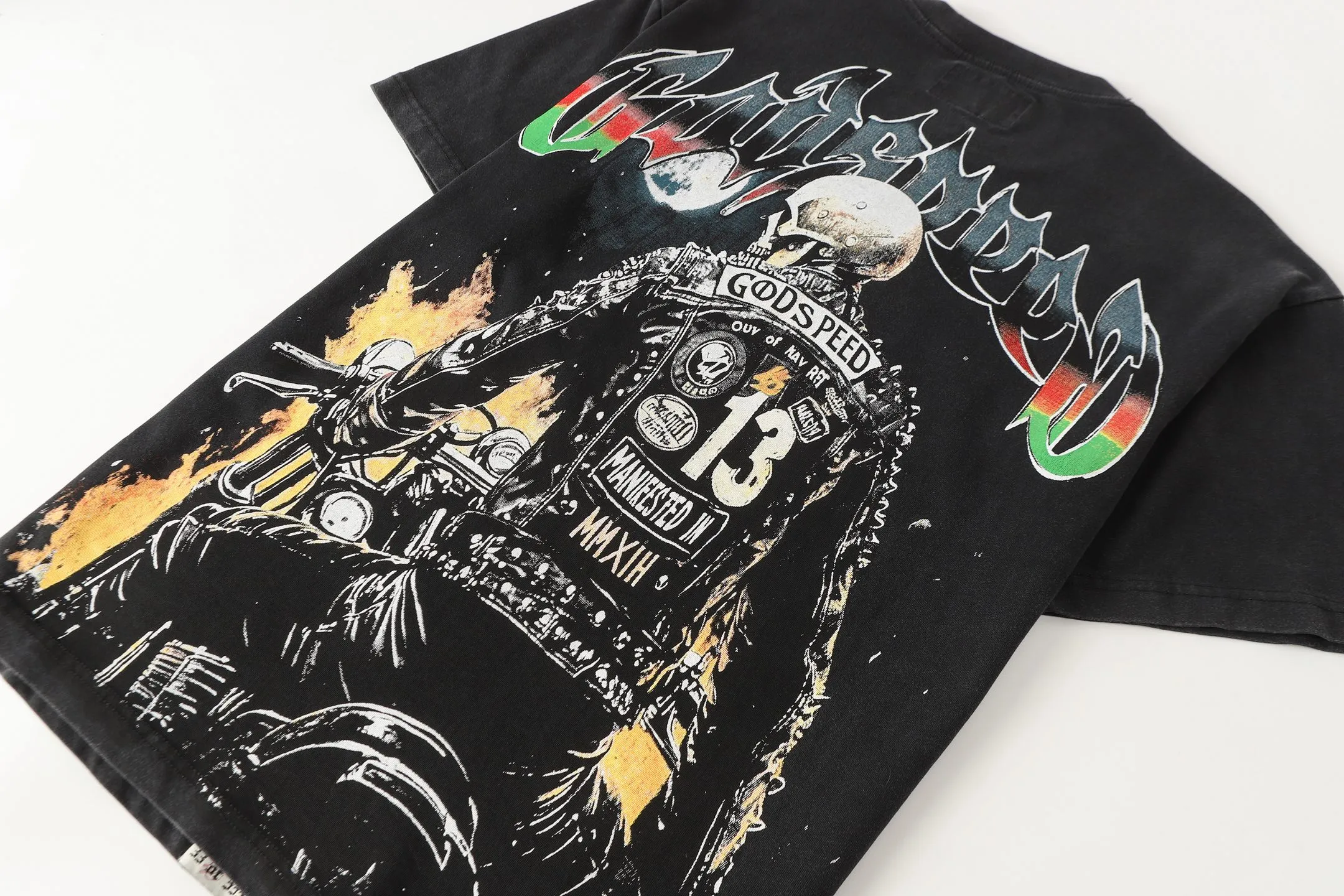 6107# washed black I P116 Godspeed cross-border American rock and roll street washed retro style short-sleeved T (process printing) fabric (fabric): washed black, blue: 32 count combed double yarn 250 grams weight code number (size): S-M-L-XL color (colour): washed black,
