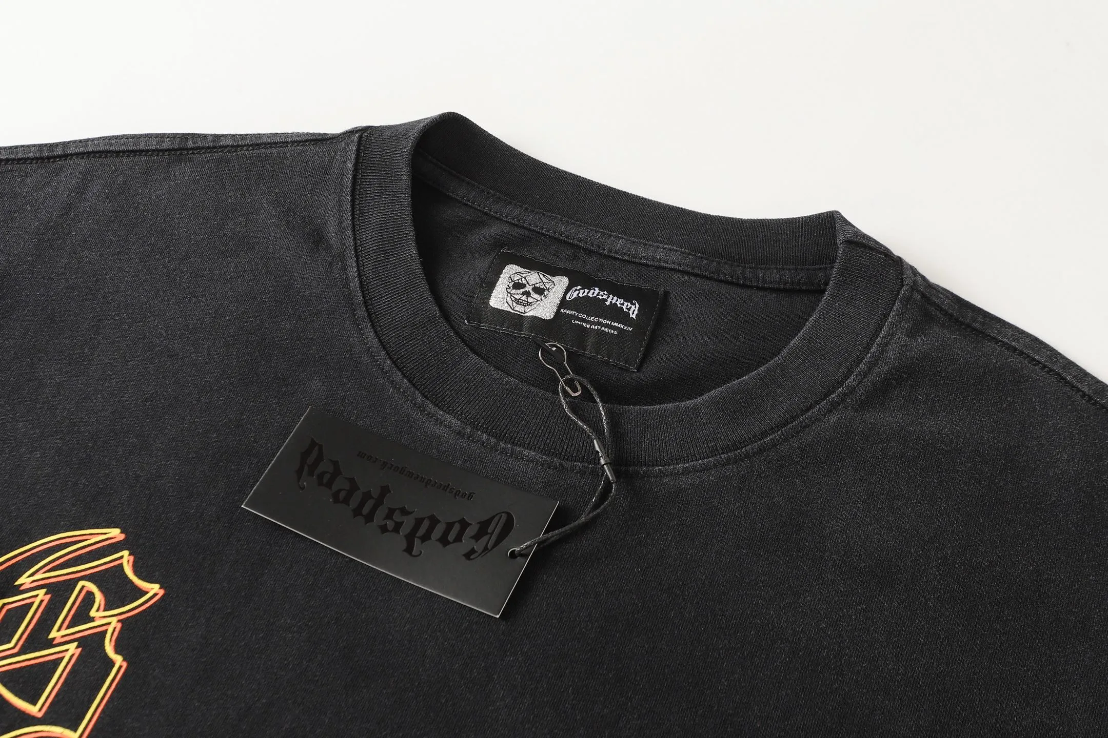 6107# washed black I P116 Godspeed cross-border American rock and roll street washed retro style short-sleeved T (process printing) fabric (fabric): washed black, blue: 32 count combed double yarn 250 grams weight code number (size): S-M-L-XL color (colour): washed black,