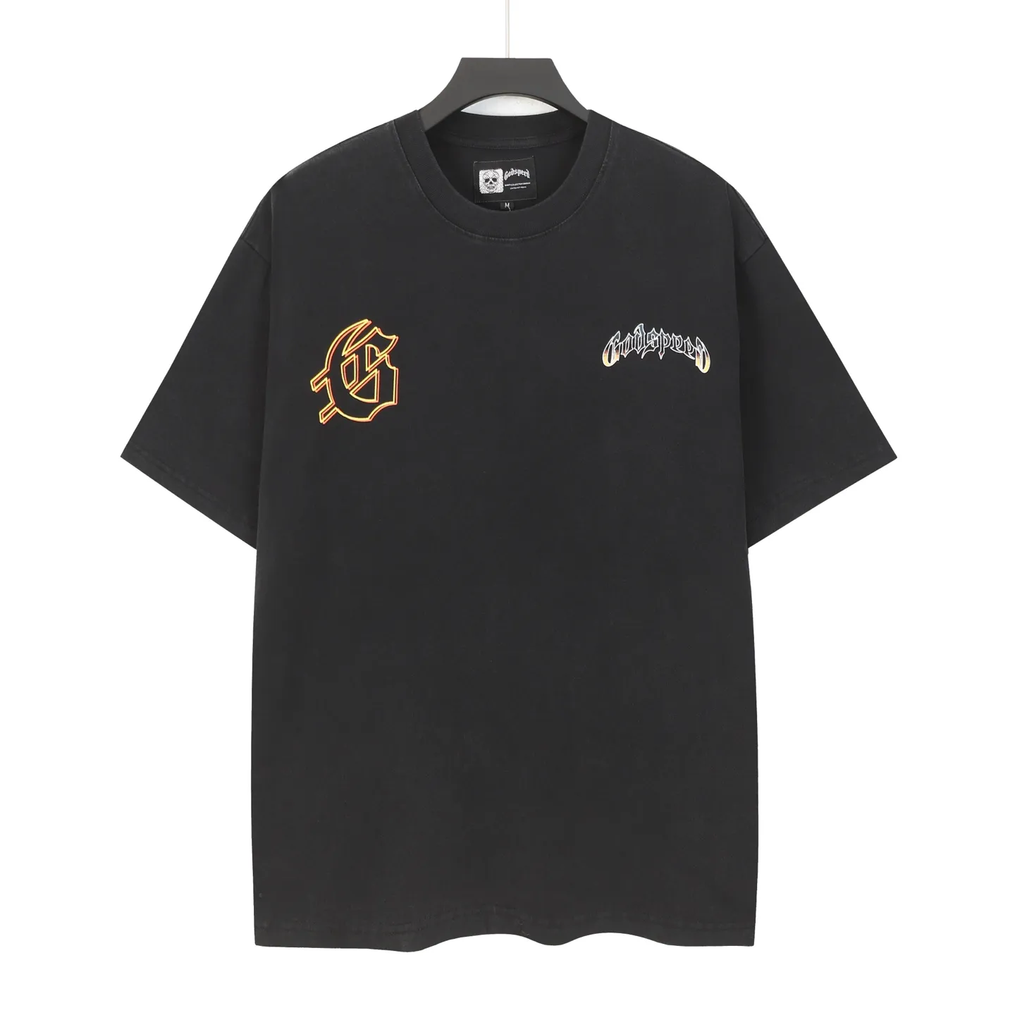 6107# washed black I P116 Godspeed cross-border American rock and roll street washed retro style short-sleeved T (process printing) fabric (fabric): washed black, blue: 32 count combed double yarn 250 grams weight code number (size): S-M-L-XL color (colour): washed black,