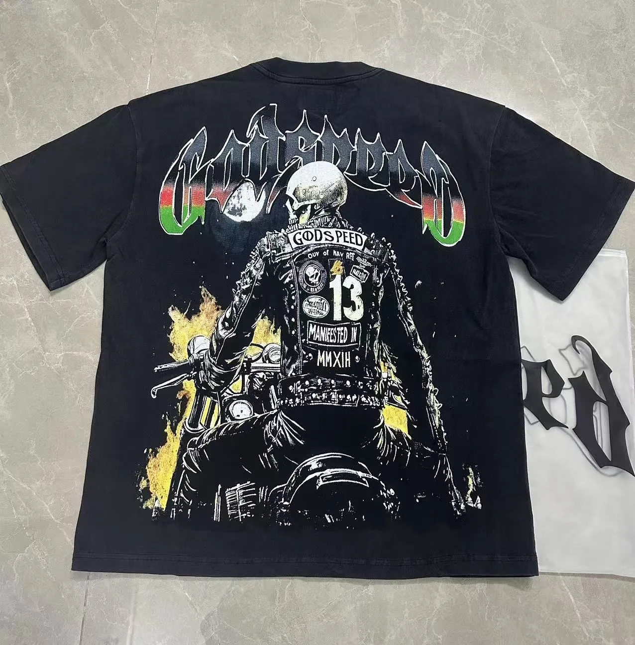 6107# washed black I P116 Godspeed cross-border American rock and roll street washed retro style short-sleeved T (process printing) fabric (fabric): washed black, blue: 32 count combed double yarn 250 grams weight code number (size): S-M-L-XL color (colour): washed black,