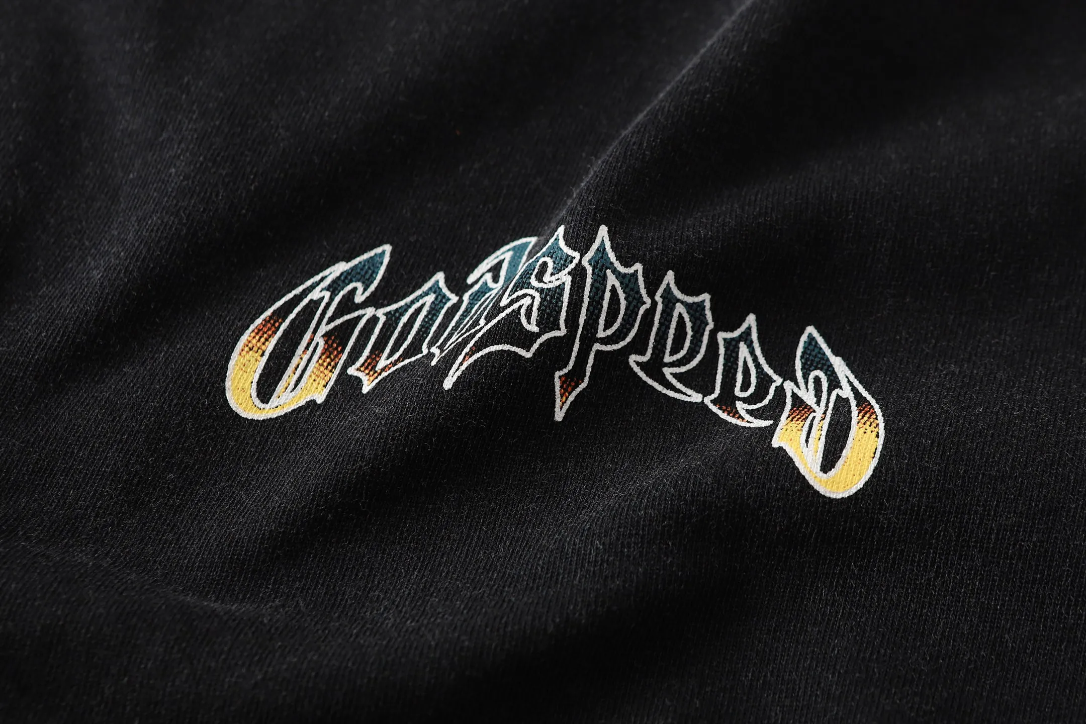 6107# washed black I P116 Godspeed cross-border American rock and roll street washed retro style short-sleeved T (process printing) fabric (fabric): washed black, blue: 32 count combed double yarn 250 grams weight code number (size): S-M-L-XL color (colour): washed black,