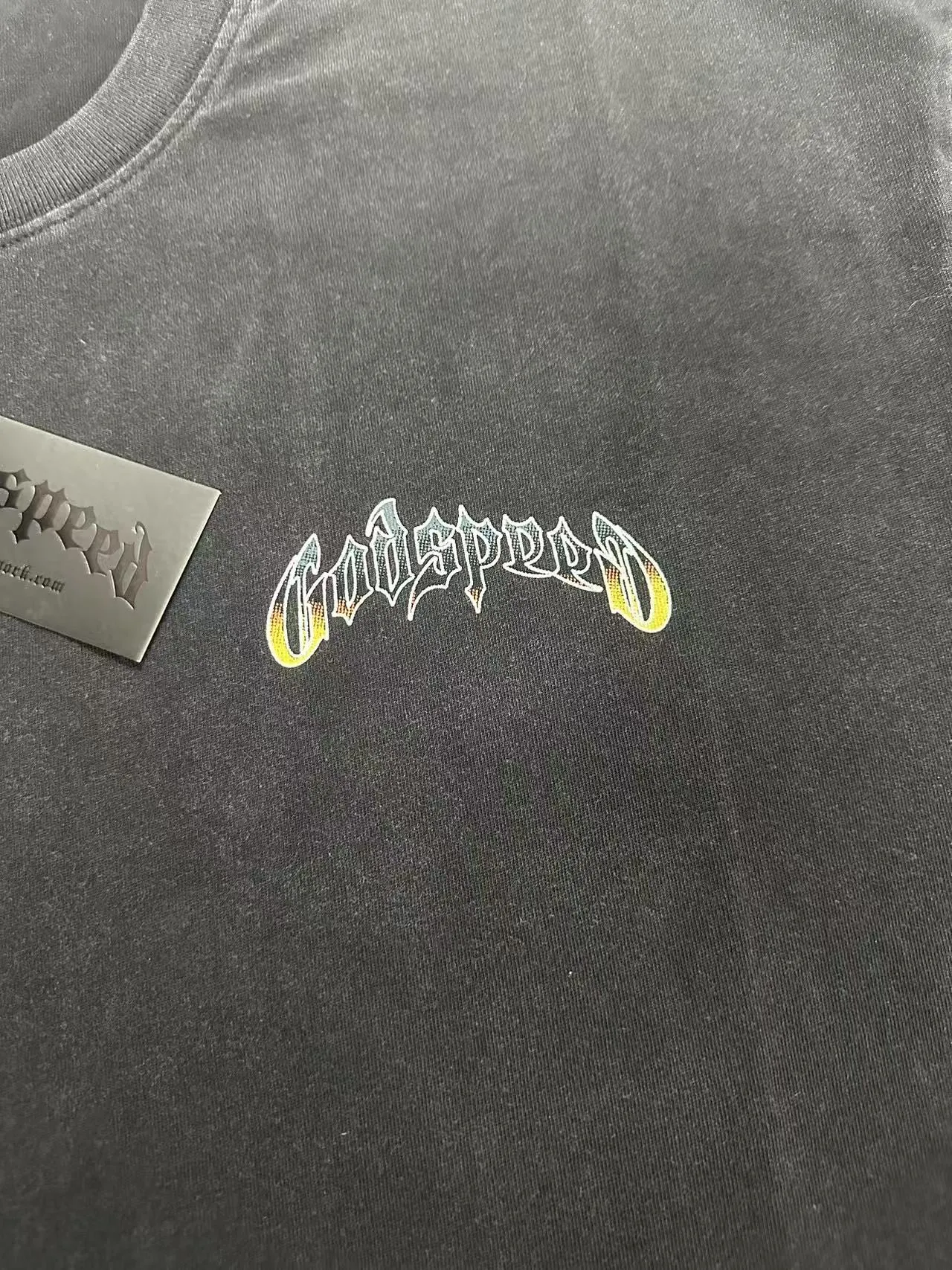 6107# washed black I P116 Godspeed cross-border American rock and roll street washed retro style short-sleeved T (process printing) fabric (fabric): washed black, blue: 32 count combed double yarn 250 grams weight code number (size): S-M-L-XL color (colour): washed black,
