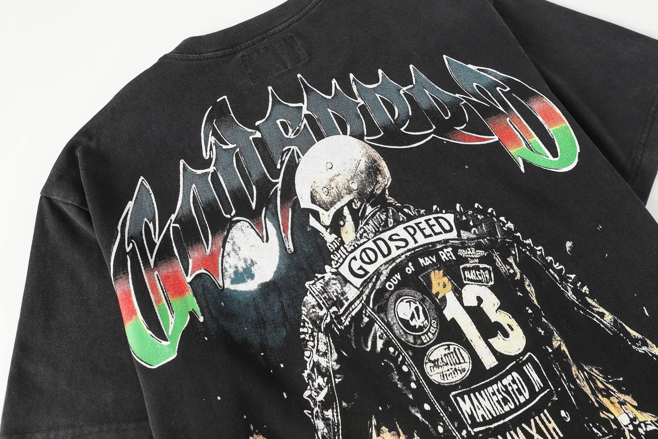6107# washed black I P116 Godspeed cross-border American rock and roll street washed retro style short-sleeved T (process printing) fabric (fabric): washed black, blue: 32 count combed double yarn 250 grams weight code number (size): S-M-L-XL color (colour): washed black,