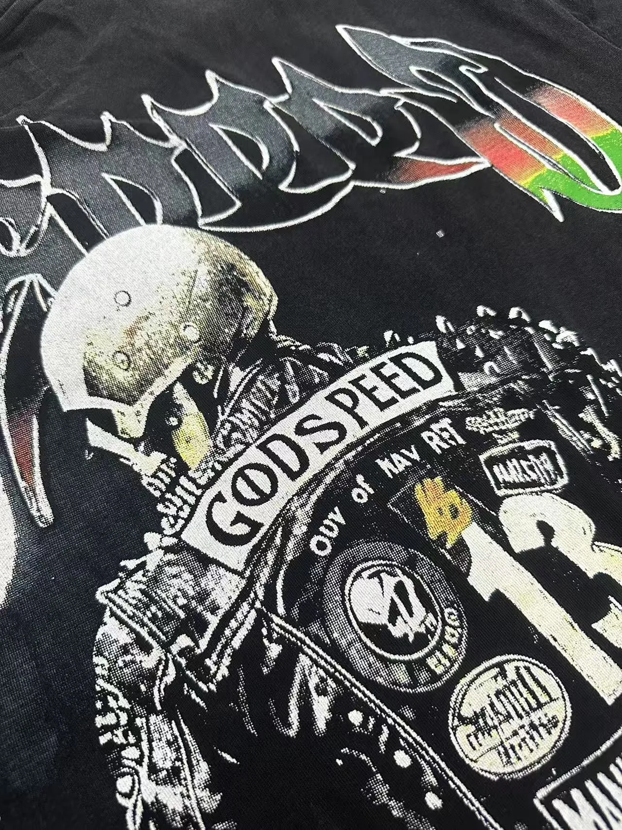 6107# washed black I P116 Godspeed cross-border American rock and roll street washed retro style short-sleeved T (process printing) fabric (fabric): washed black, blue: 32 count combed double yarn 250 grams weight code number (size): S-M-L-XL color (colour): washed black,