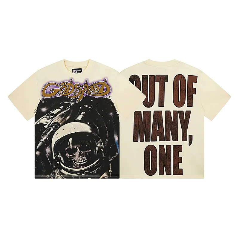 3130# P106 Real shot Godspeed American fashion rock street retro loose printed cotton short sleeves Fabric: 240g 32 count fine cotton double yarn pure cotton Color: apricot Size: S M L XL