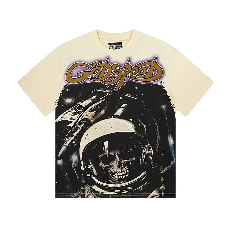 3130# P106 Real shot Godspeed American fashion rock street retro loose printed cotton short sleeves Fabric: 240g 32 count fine cotton double yarn pure cotton Color: apricot Size: S M L XL
