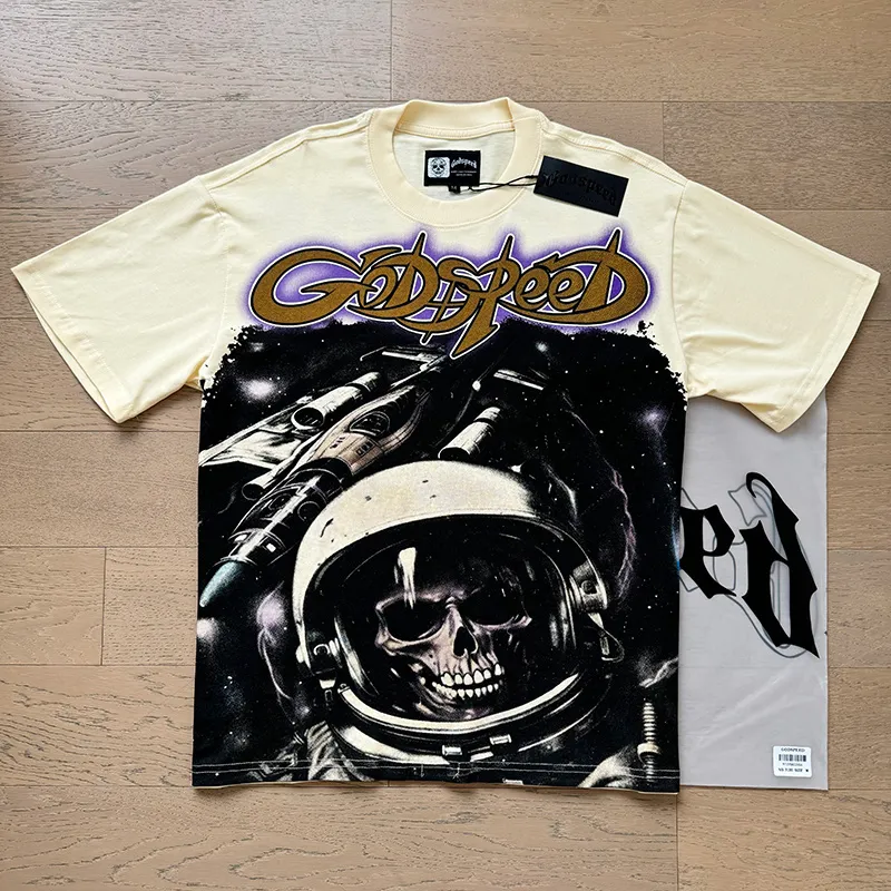 3130# P106 Real shot Godspeed American fashion rock street retro loose printed cotton short sleeves Fabric: 240g 32 count fine cotton double yarn pure cotton Color: apricot Size: S M L XL