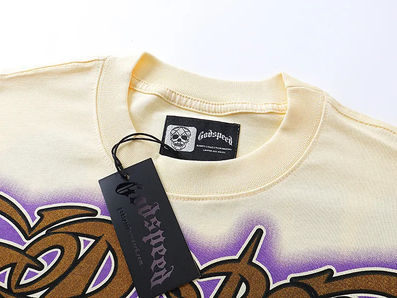 3130# P106 Real shot Godspeed American fashion rock street retro loose printed cotton short sleeves Fabric: 240g 32 count fine cotton double yarn pure cotton Color: apricot Size: S M L XL