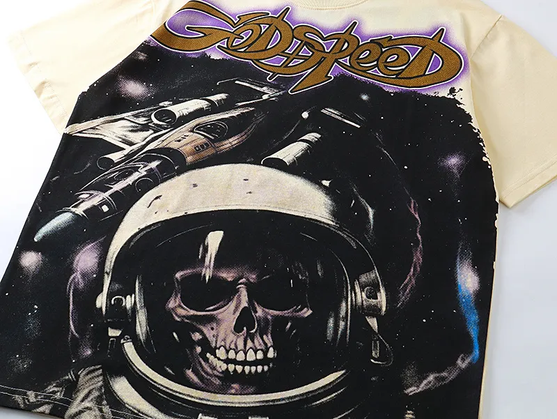 3130# P106 Real shot Godspeed American fashion rock street retro loose printed cotton short sleeves Fabric: 240g 32 count fine cotton double yarn pure cotton Color: apricot Size: S M L XL