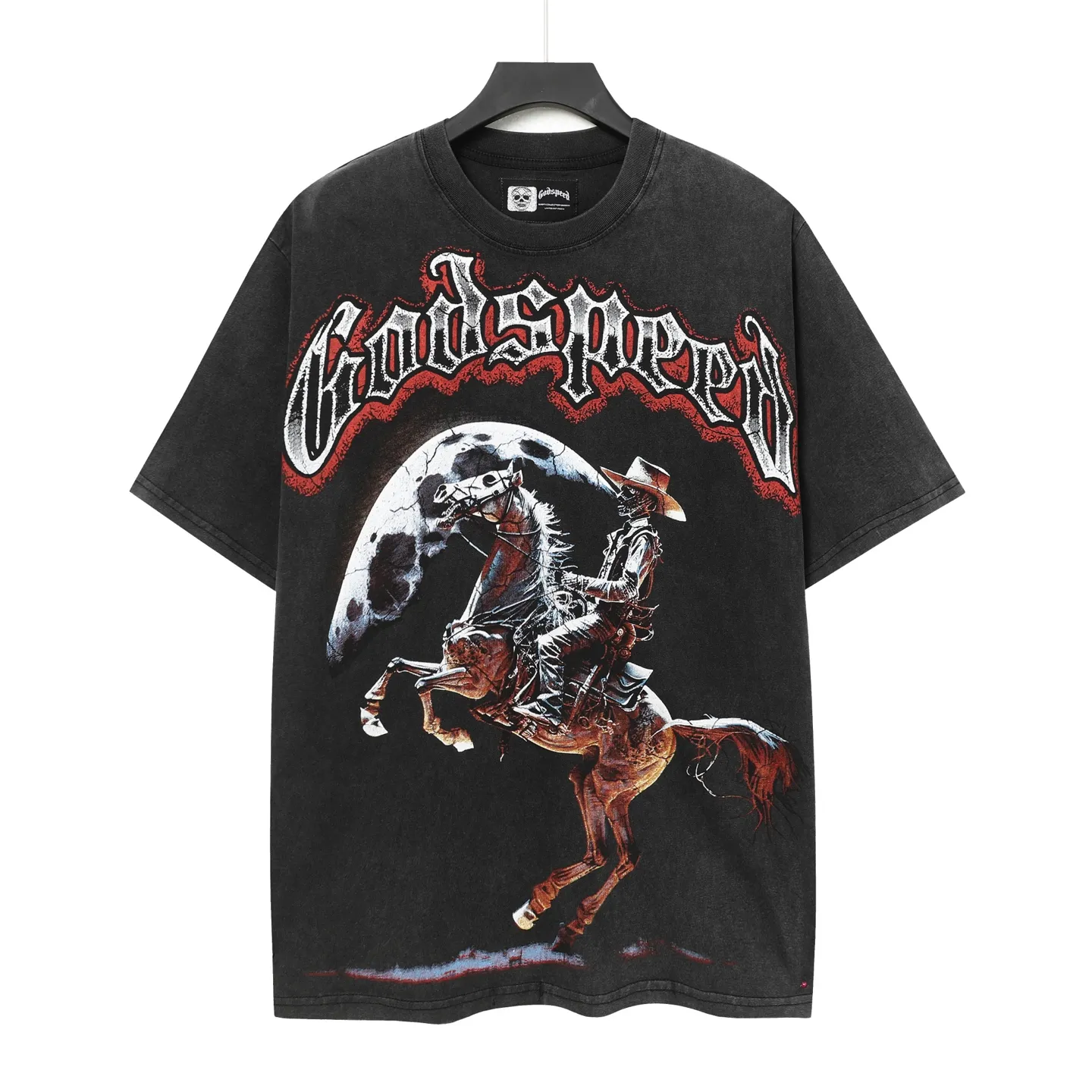 6040# washed black｜P116 Godspeed cross-border American rock and roll street washed retro style short-sleeved T (craft printing) fabric (fabric): 32 count combed double yarn 250 grams weight code (size): S-M-L-XL color (colour): washed black 👉