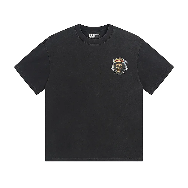 1076# P126 Washed Black Real Shot Godspeed American Fashion Rock Street Retro Washed Distressed Printed Pure Cotton Short Sleeves Fabric: 250g 32 Count Fine Cotton Double Yarn Pure Cotton Color: Washed Black Size: S M L XL