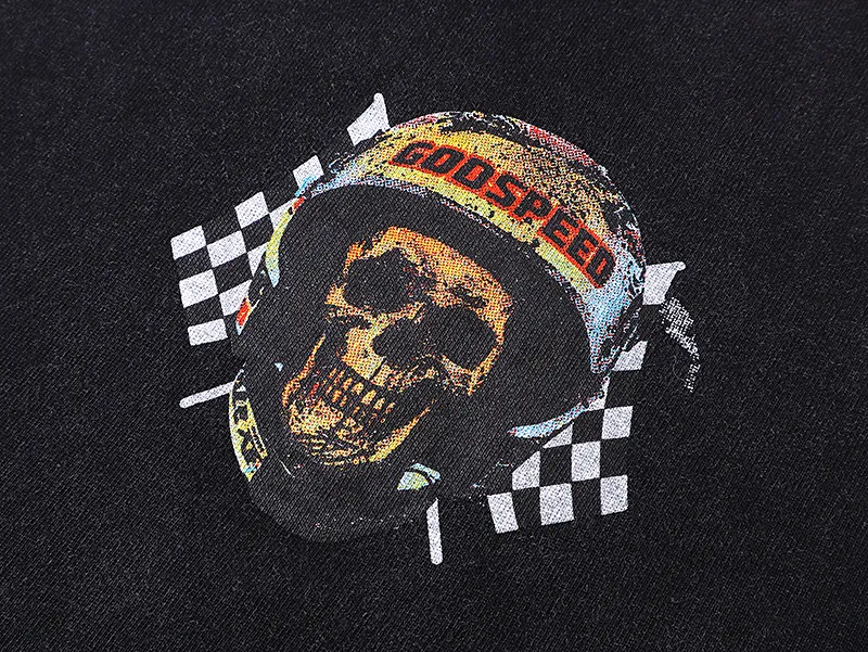 1076# P126 Washed Black Real Shot Godspeed American Fashion Rock Street Retro Washed Distressed Printed Pure Cotton Short Sleeves Fabric: 250g 32 Count Fine Cotton Double Yarn Pure Cotton Color: Washed Black Size: S M L XL