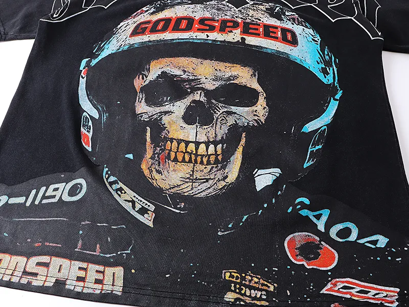1076# P126 Washed Black Real Shot Godspeed American Fashion Rock Street Retro Washed Distressed Printed Pure Cotton Short Sleeves Fabric: 250g 32 Count Fine Cotton Double Yarn Pure Cotton Color: Washed Black Size: S M L XL