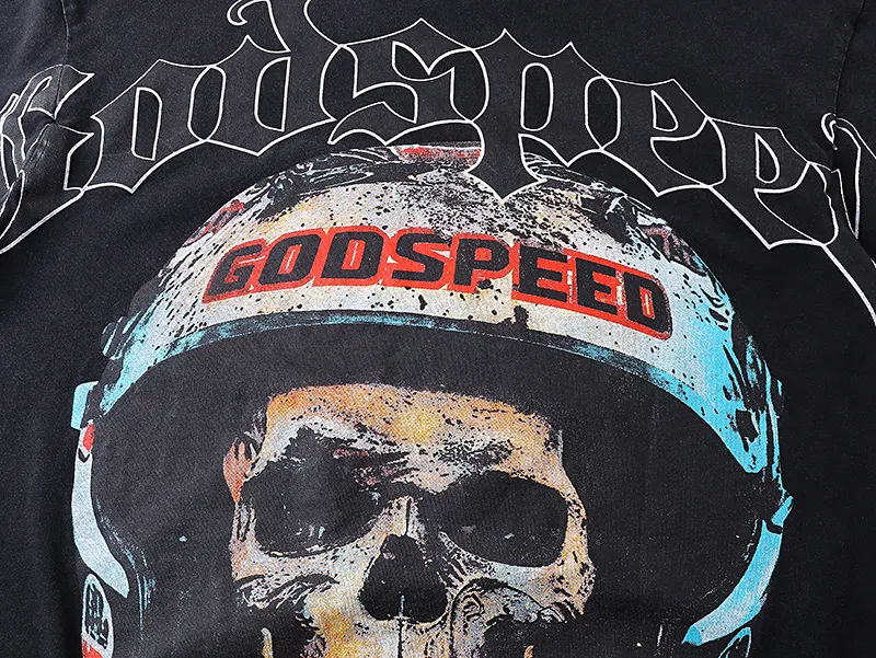 1076# P126 Washed Black Real Shot Godspeed American Fashion Rock Street Retro Washed Distressed Printed Pure Cotton Short Sleeves Fabric: 250g 32 Count Fine Cotton Double Yarn Pure Cotton Color: Washed Black Size: S M L XL