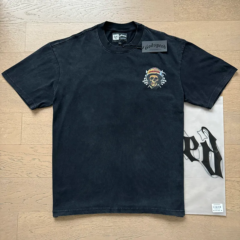 1076# P126 Washed Black Real Shot Godspeed American Fashion Rock Street Retro Washed Distressed Printed Pure Cotton Short Sleeves Fabric: 250g 32 Count Fine Cotton Double Yarn Pure Cotton Color: Washed Black Size: S M L XL