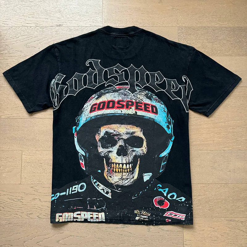 1076# P126 Washed Black Real Shot Godspeed American Fashion Rock Street Retro Washed Distressed Printed Pure Cotton Short Sleeves Fabric: 250g 32 Count Fine Cotton Double Yarn Pure Cotton Color: Washed Black Size: S M L XL