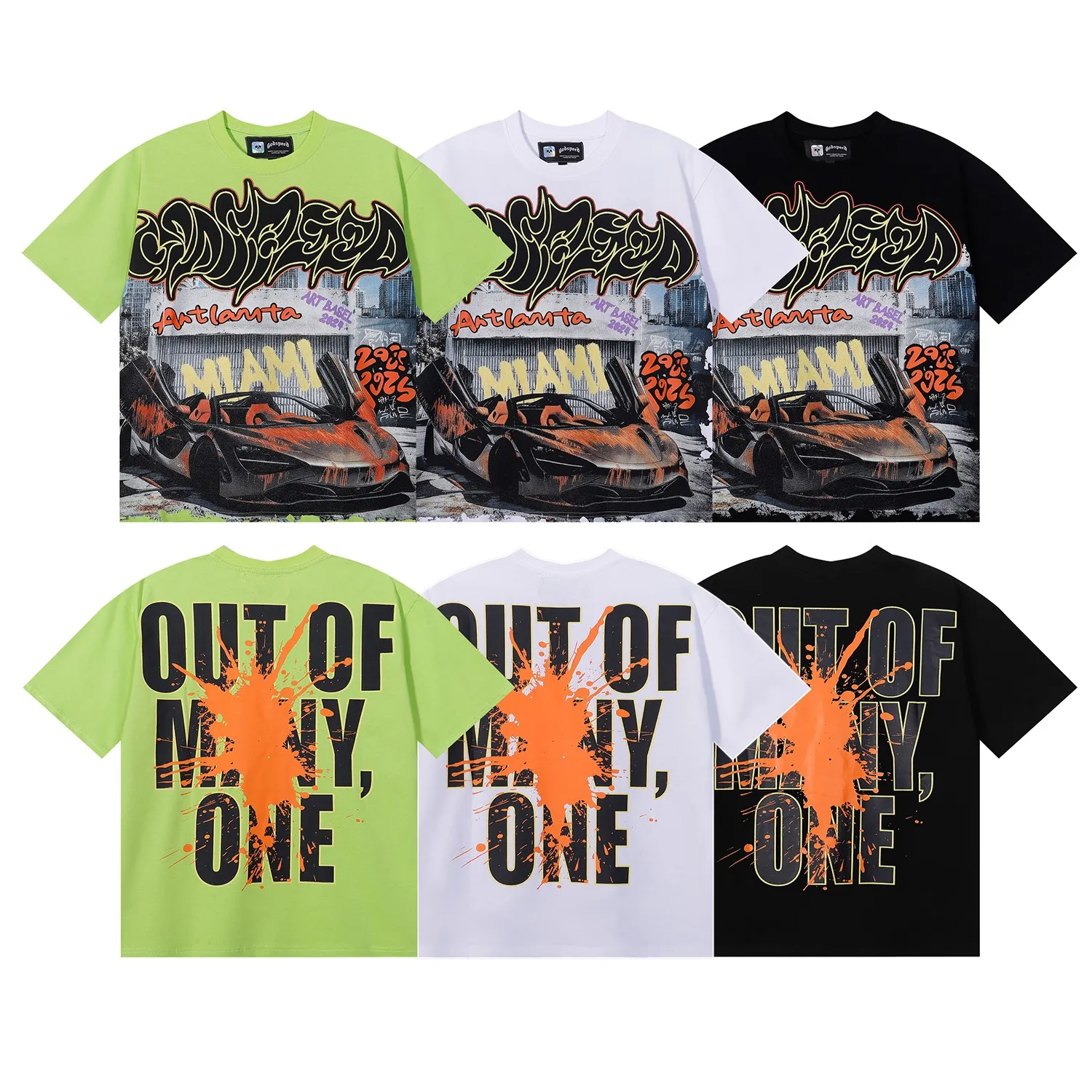 No. 7050, Mechao Godspeed Atlanta limited edition supercar printed high-quality double yarn pure cotton casual short-sleeved T-shirt batch 110 Color: black, white, green; Size: S M L XL