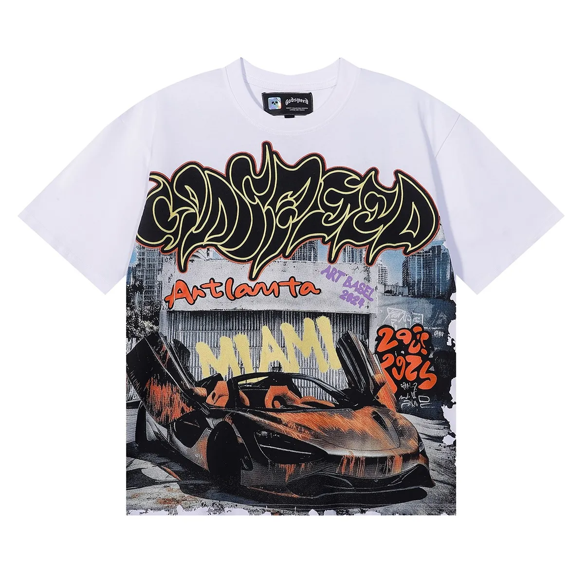 No. 7050, Mechao Godspeed Atlanta limited edition supercar printed high-quality double yarn pure cotton casual short-sleeved T-shirt batch 110 Color: black, white, green; Size: S M L XL