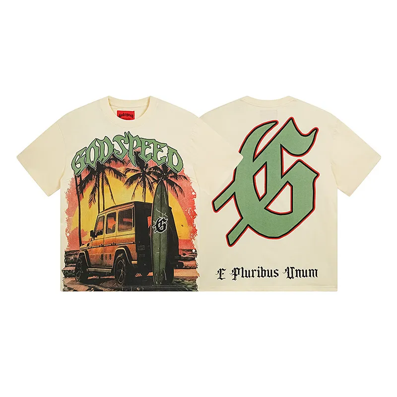 3108# P106 Real shot Godspeed American fashion rock street retro loose printed cotton short sleeves Fabric: 240g 32 count fine cotton double yarn pure cotton Color: apricot Size: S M L XL
