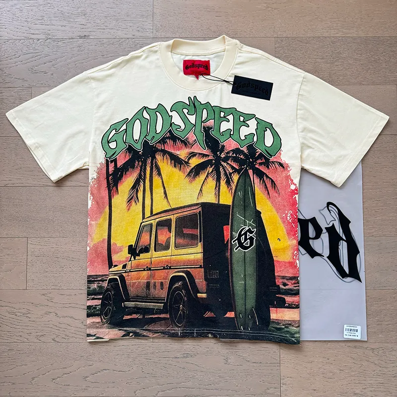 3108# P106 Real shot Godspeed American fashion rock street retro loose printed cotton short sleeves Fabric: 240g 32 count fine cotton double yarn pure cotton Color: apricot Size: S M L XL