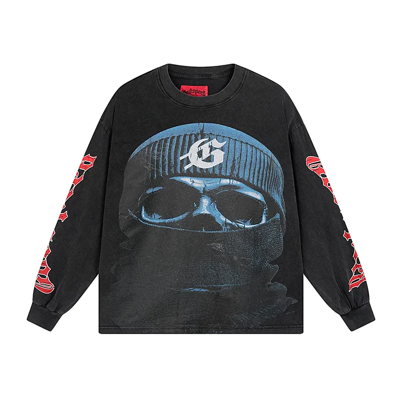 1097# P160 Washed Black Real Shot Godspeed American Fashion Rock Street Retro Washed Distressed Printed Pure Cotton Short Sleeves Fabric: 270g 32 Count Fine Cotton Double Yarn Pure Cotton Color: Washed Black Size: S M L XL