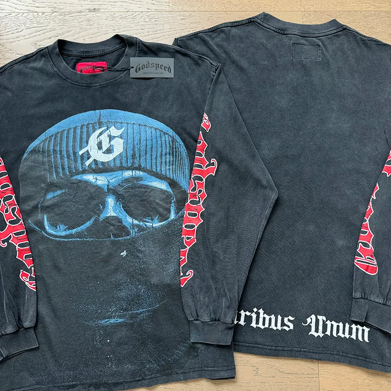 1097# P160 Washed Black Real Shot Godspeed American Fashion Rock Street Retro Washed Distressed Printed Pure Cotton Short Sleeves Fabric: 270g 32 Count Fine Cotton Double Yarn Pure Cotton Color: Washed Black Size: S M L XL