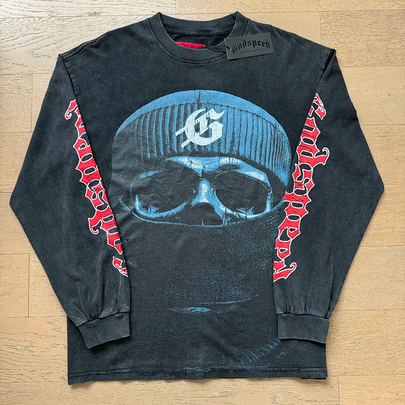 1097# P160 Washed Black Real Shot Godspeed American Fashion Rock Street Retro Washed Distressed Printed Pure Cotton Short Sleeves Fabric: 270g 32 Count Fine Cotton Double Yarn Pure Cotton Color: Washed Black Size: S M L XL