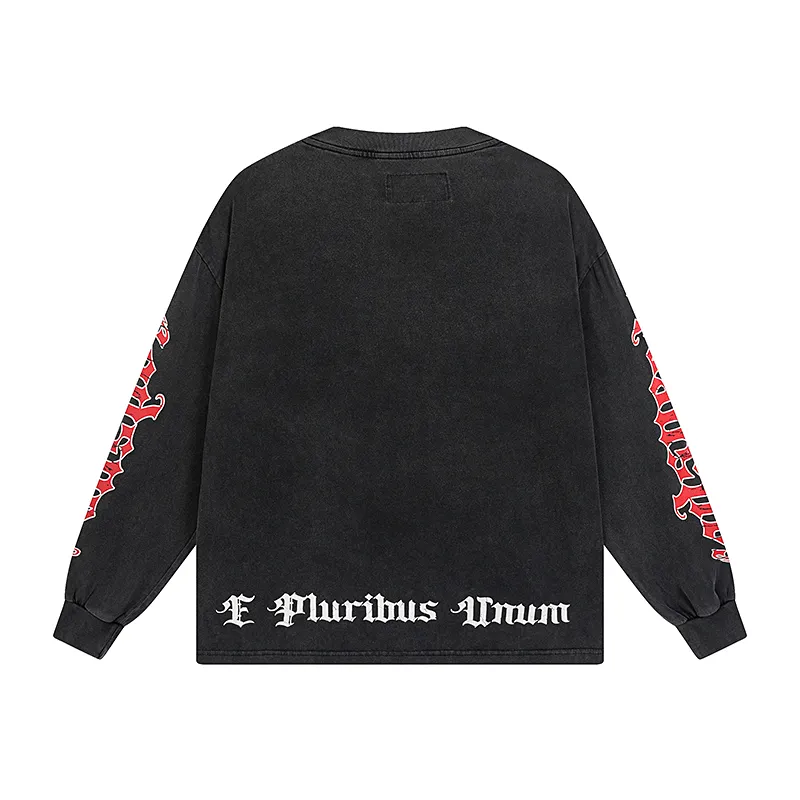1097# P160 Washed Black Real Shot Godspeed American Fashion Rock Street Retro Washed Distressed Printed Pure Cotton Short Sleeves Fabric: 270g 32 Count Fine Cotton Double Yarn Pure Cotton Color: Washed Black Size: S M L XL