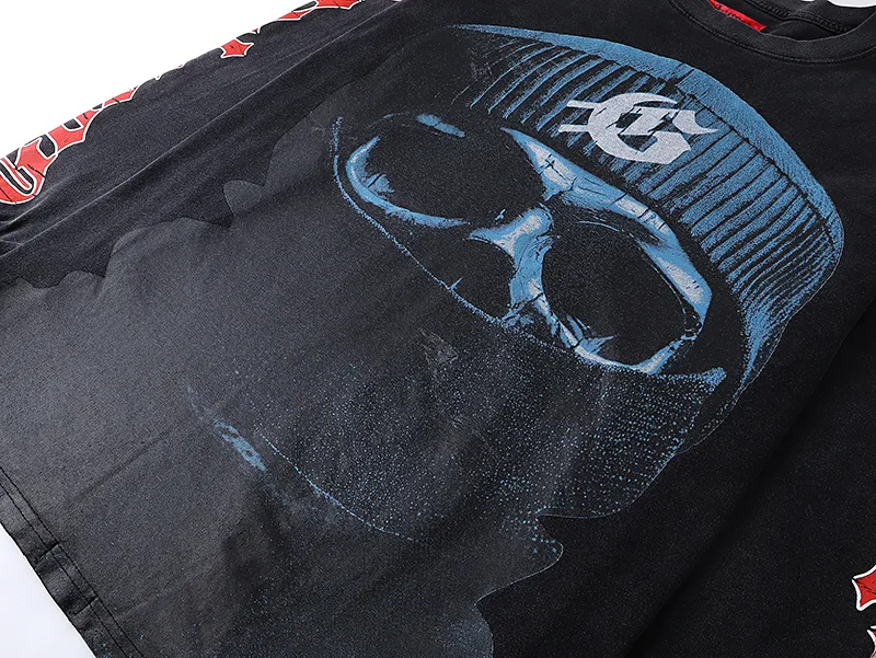 1097# P160 Washed Black Real Shot Godspeed American Fashion Rock Street Retro Washed Distressed Printed Pure Cotton Short Sleeves Fabric: 270g 32 Count Fine Cotton Double Yarn Pure Cotton Color: Washed Black Size: S M L XL