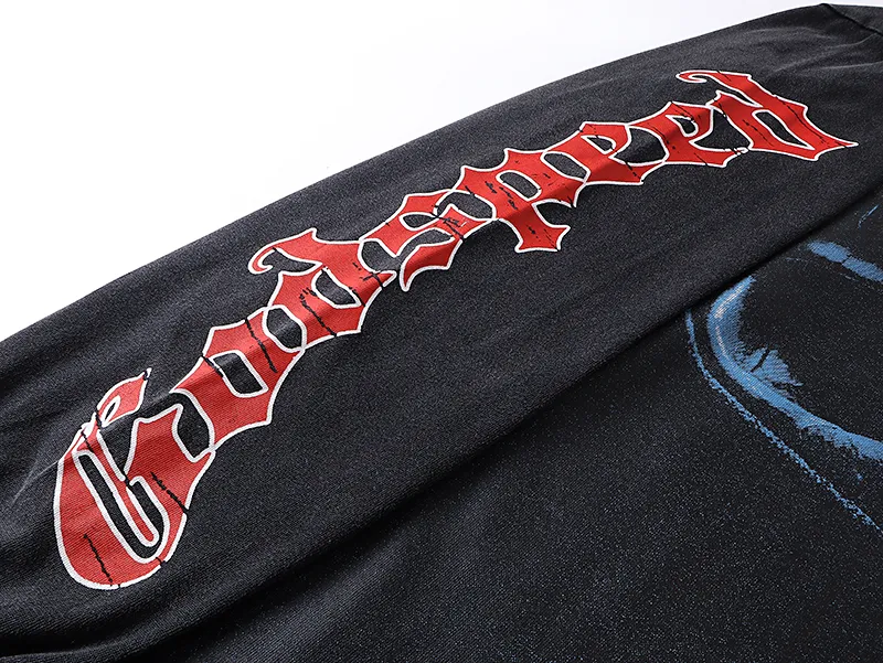 1097# P160 Washed Black Real Shot Godspeed American Fashion Rock Street Retro Washed Distressed Printed Pure Cotton Short Sleeves Fabric: 270g 32 Count Fine Cotton Double Yarn Pure Cotton Color: Washed Black Size: S M L XL