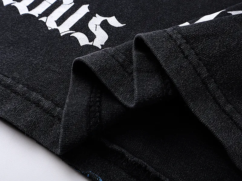 1097# P160 Washed Black Real Shot Godspeed American Fashion Rock Street Retro Washed Distressed Printed Pure Cotton Short Sleeves Fabric: 270g 32 Count Fine Cotton Double Yarn Pure Cotton Color: Washed Black Size: S M L XL