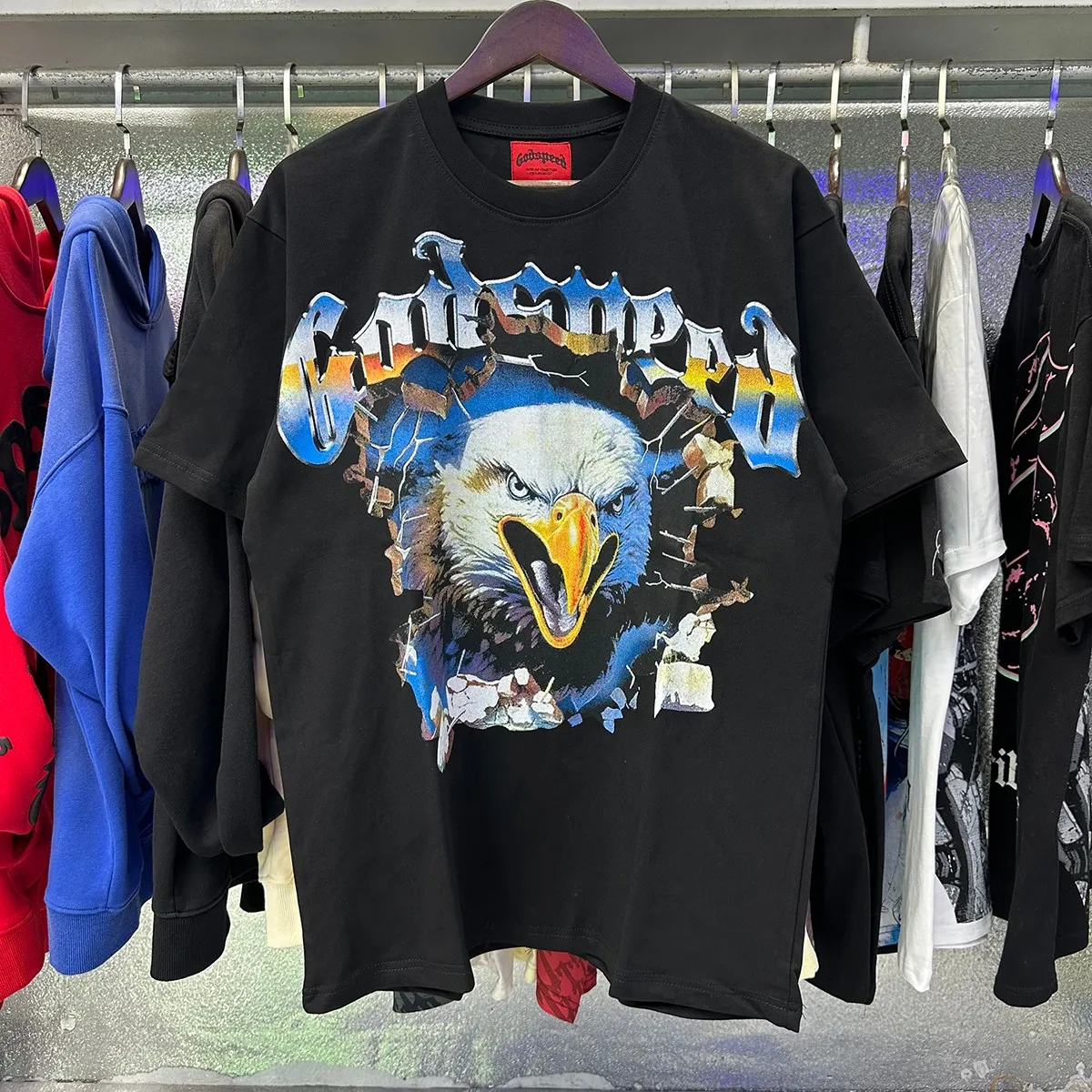 Actual photo, No. 7061, foreign trade beauty trend Godspeed eagle print high quality double yarn pure cotton casual short-sleeved T-shirt batch 110 Color: black, white, blue; Size: S M L XL