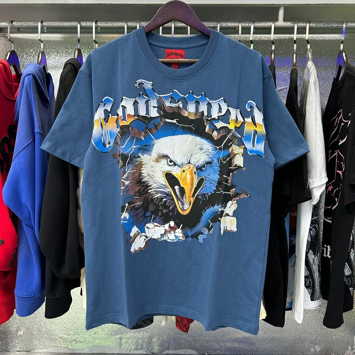 Actual photo, No. 7061, foreign trade beauty trend Godspeed eagle print high quality double yarn pure cotton casual short-sleeved T-shirt batch 110 Color: black, white, blue; Size: S M L XL