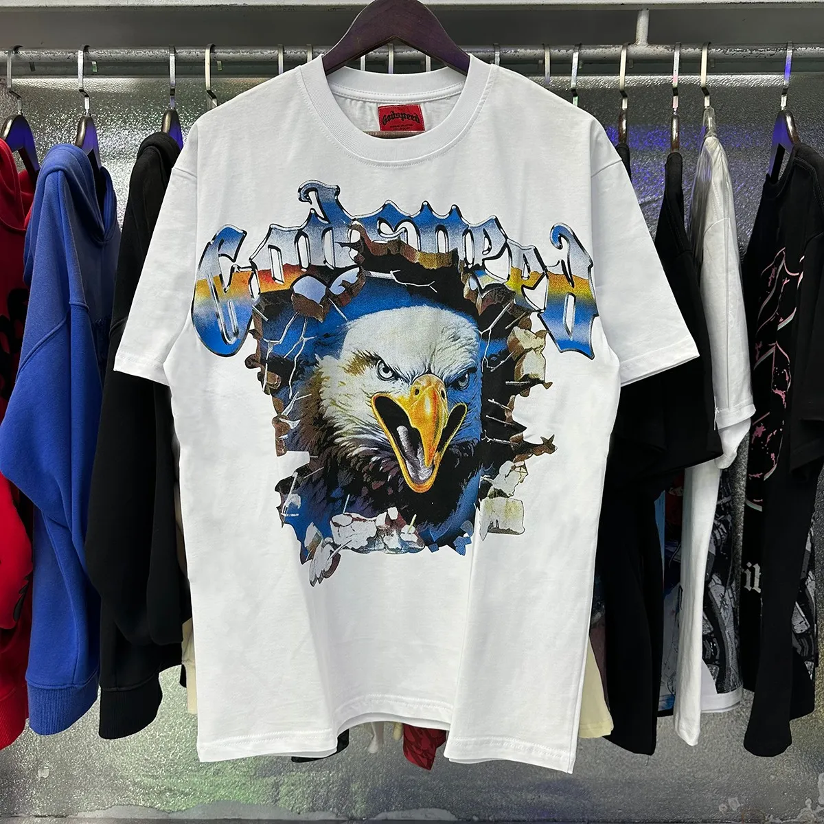 Actual photo, No. 7061, foreign trade beauty trend Godspeed eagle print high quality double yarn pure cotton casual short-sleeved T-shirt batch 110 Color: black, white, blue; Size: S M L XL