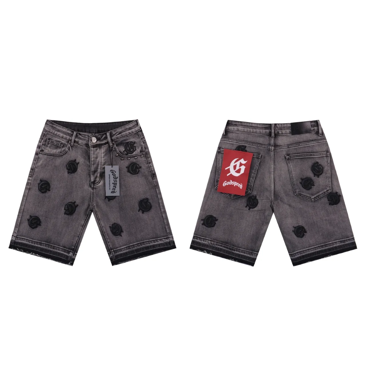 Style number: 8660 Fabric: Denim P180 Real shot of the trendy Godspeed embroidered denim shorts in stock, loose and trendy brand denim Color: smoke gray black (denim blue not released) Size 28 (S) 30 (M) 32 (L) 34 (XL) 36 (XXL) 38 (XXXL)