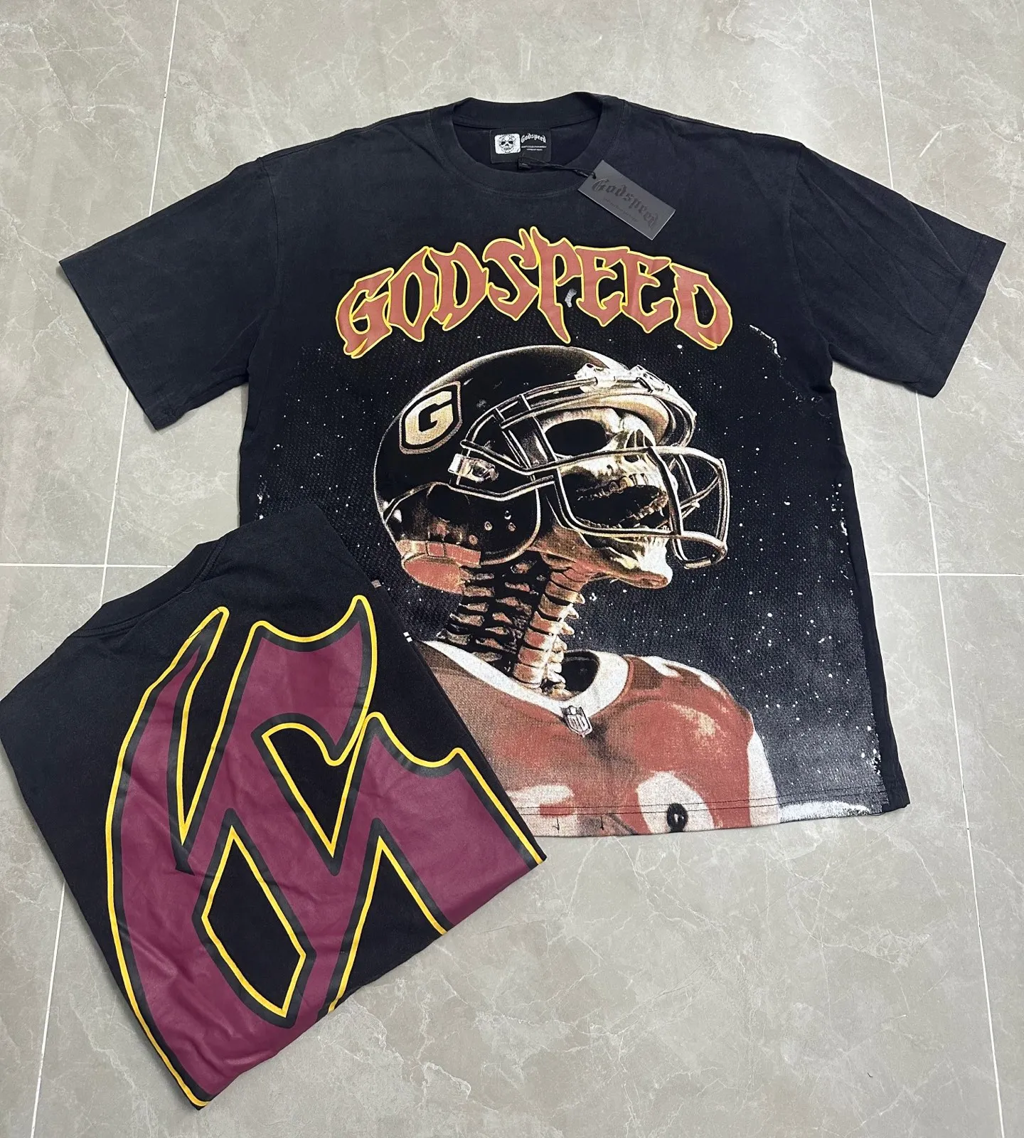 6123# Washed black I P116 Real shot (American fashion niche) Godspeed cross-border American rock and roll street washed retro style short-sleeved T (craft printing) Fabric (fabric): 32 counts combed double yarn 250 grams weight Size (size): S-M-L-XL Color (colour): Washed black