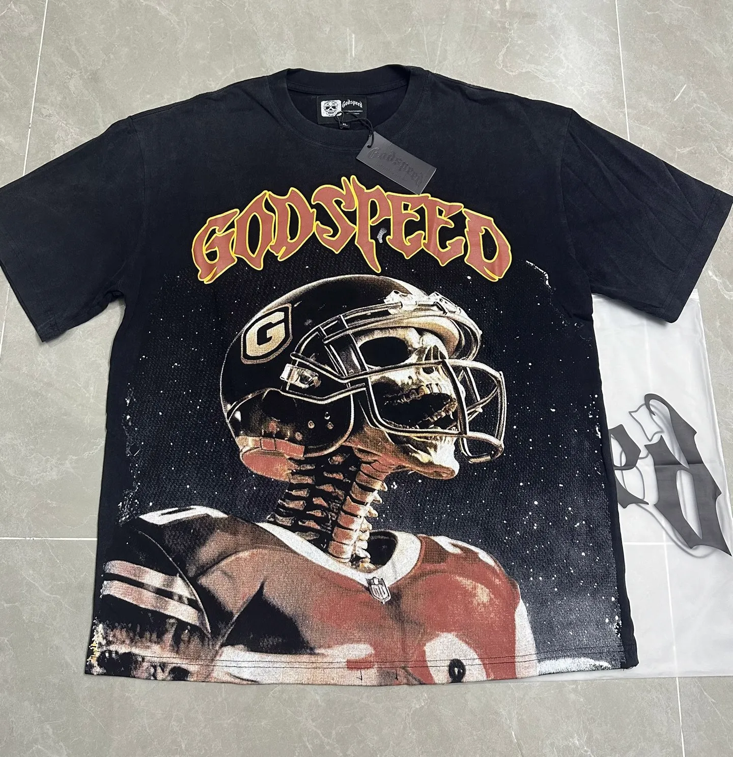 6123# Washed black I P116 Real shot (American fashion niche) Godspeed cross-border American rock and roll street washed retro style short-sleeved T (craft printing) Fabric (fabric): 32 counts combed double yarn 250 grams weight Size (size): S-M-L-XL Color (colour): Washed black