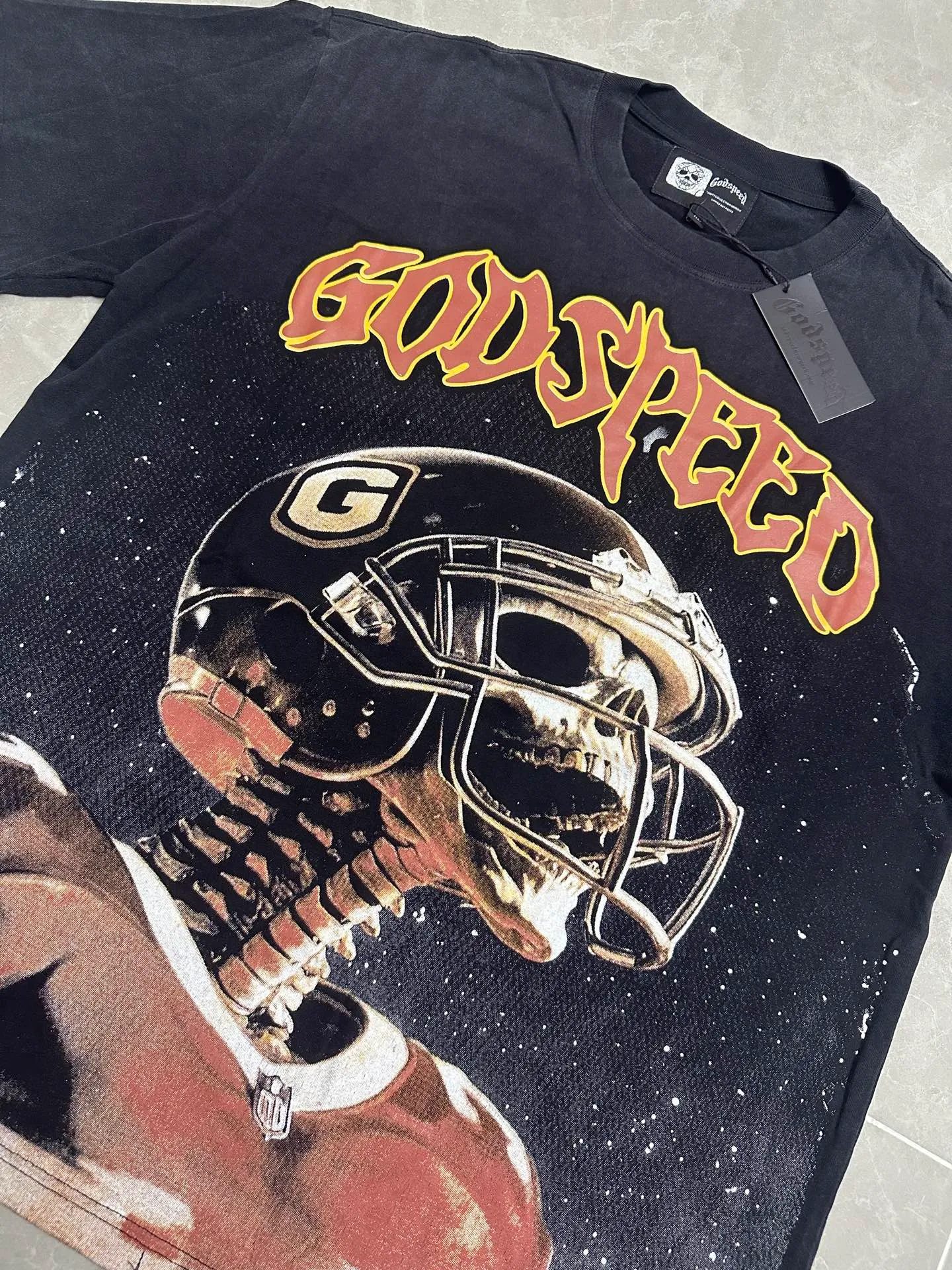 6123# Washed black I P116 Real shot (American fashion niche) Godspeed cross-border American rock and roll street washed retro style short-sleeved T (craft printing) Fabric (fabric): 32 counts combed double yarn 250 grams weight Size (size): S-M-L-XL Color (colour): Washed black