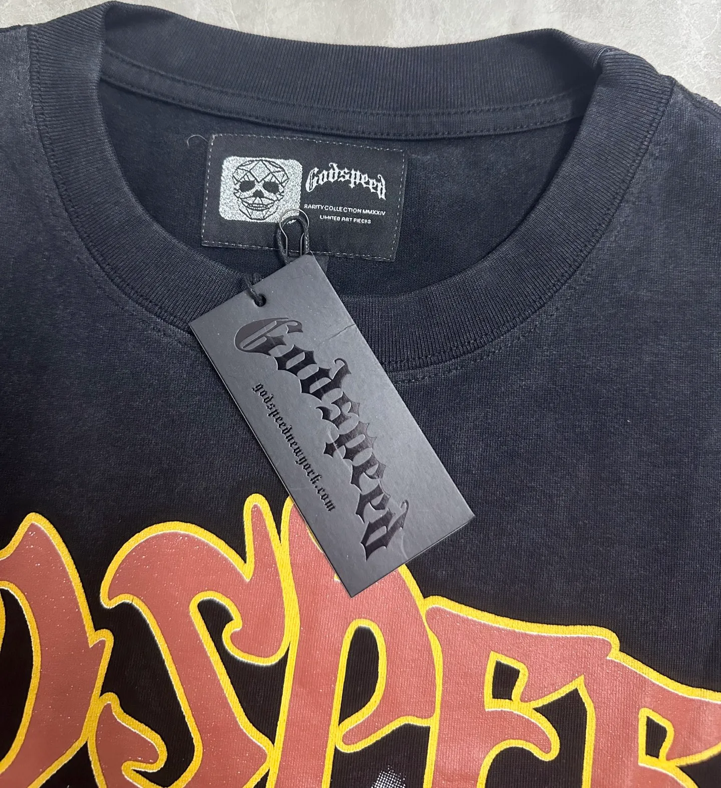 6123# Washed black I P116 Real shot (American fashion niche) Godspeed cross-border American rock and roll street washed retro style short-sleeved T (craft printing) Fabric (fabric): 32 counts combed double yarn 250 grams weight Size (size): S-M-L-XL Color (colour): Washed black