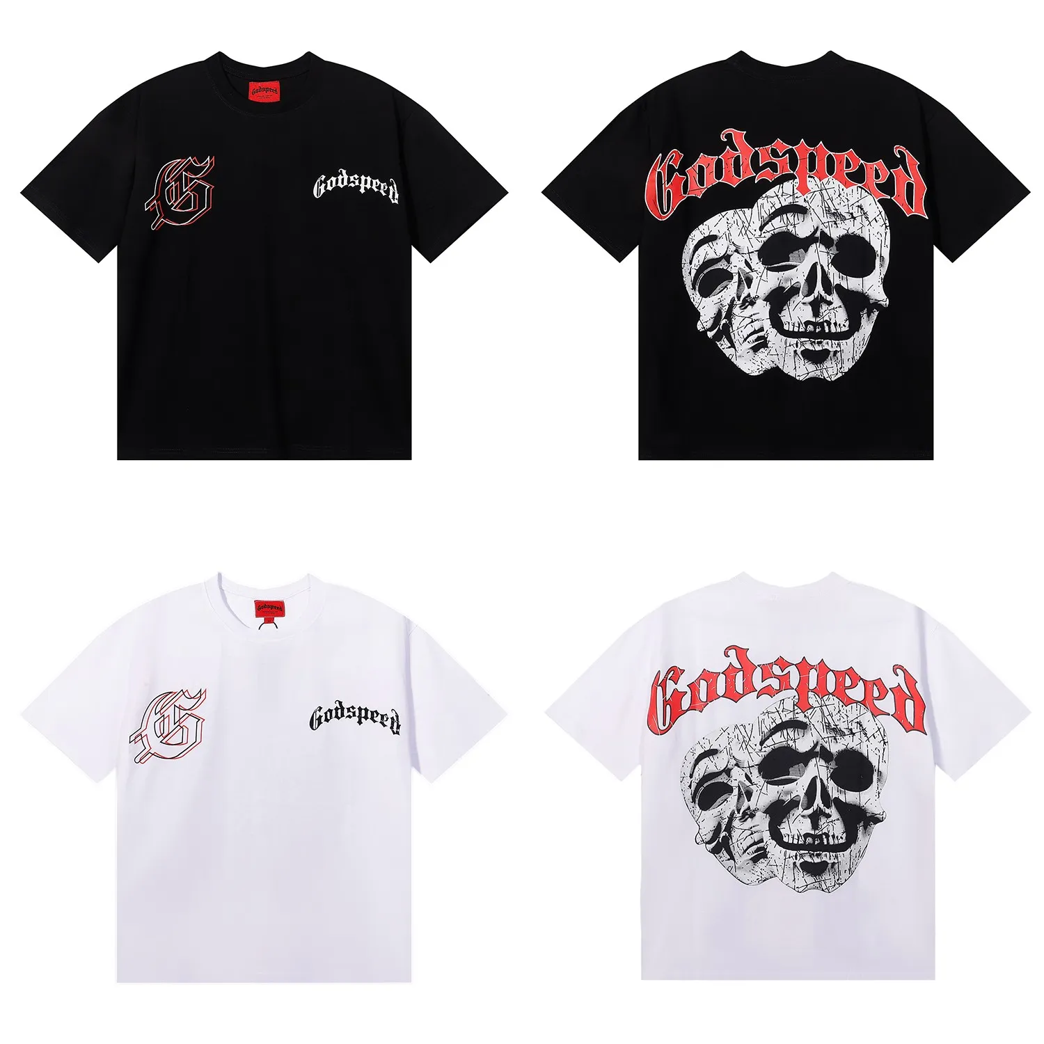 No. 7071, Mechao Godspeed double-sided skull face print high-quality double yarn pure cotton casual short-sleeved T-shirt batch 110 Color: black, white; Size: S M L XL