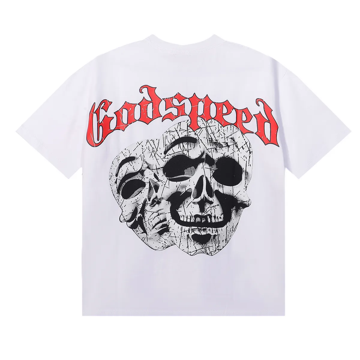 No. 7071, Mechao Godspeed double-sided skull face print high-quality double yarn pure cotton casual short-sleeved T-shirt batch 110 Color: black, white; Size: S M L XL