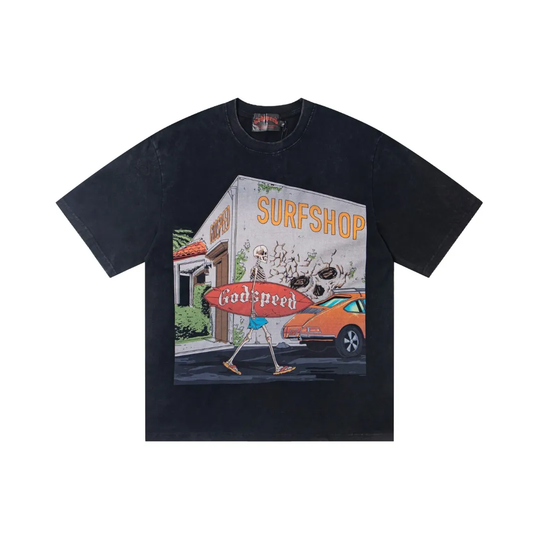 G28# GodSpeed ​​white ink direct spray washed short-sleeved S-XL size black (washed) P126